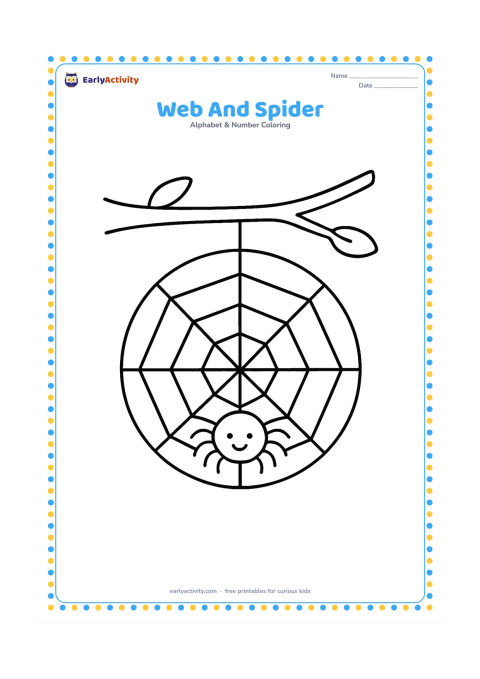 Colouring page: Draw a round spider web with a friendly small spider sitting at its centre, hanging between two simple branches. Use a clear open composition with only a few web lines.