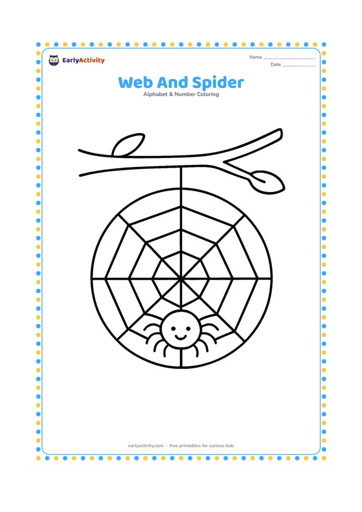 Colouring page: Draw a round spider web with a friendly small spider sitting at its centre, hanging between two simple branches. Use a clear open composition with only a few web lines.