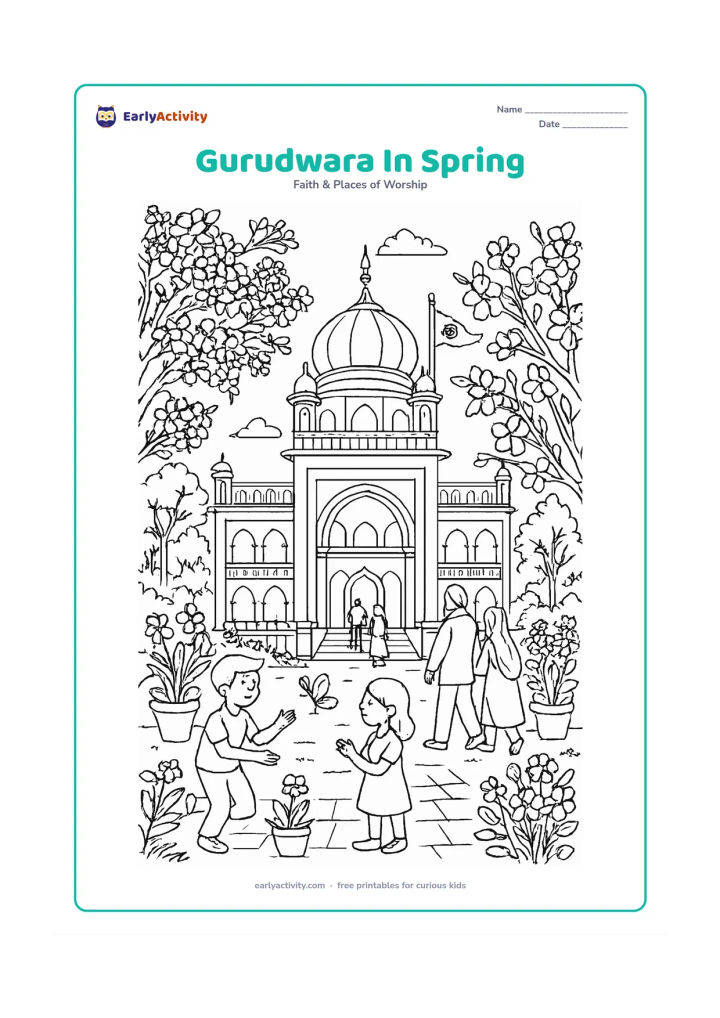 Colouring page: Draw a gurudwara in spring surrounded by flowering trees and potted plants, with children observing butterflies, adults entering respectfully and the Nishan Sahib rising above the dome.…