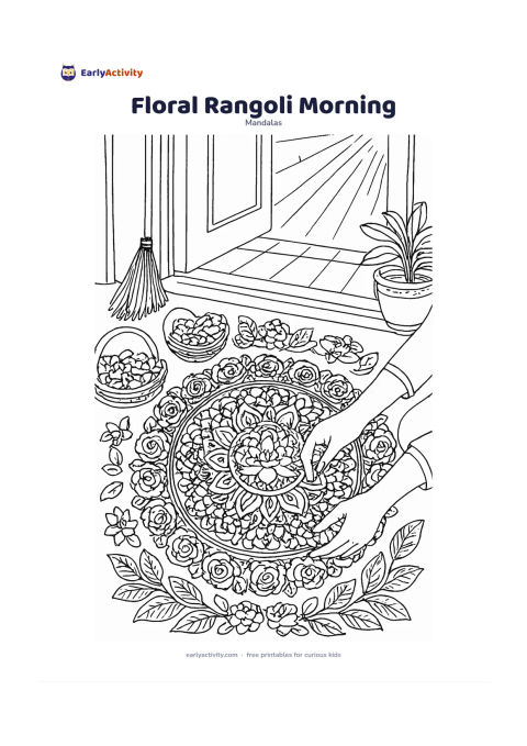 Colouring page: Show an adult arranging fresh petals into a large circular floral mandala at an Indian home doorway, using marigold, rose, lotus and leaf shapes. Include a broom, flower basket,…