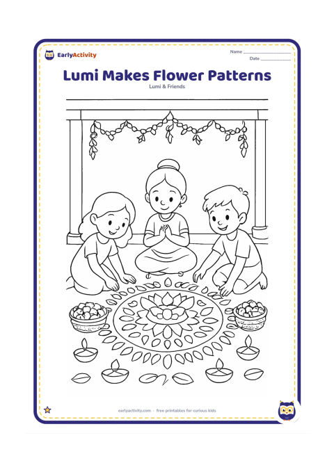 Colouring page: Lumi and two friends arrange flowers into a large circular floor decoration during a seasonal festival. Include baskets of marigolds, lotus shapes, leaves, lamps and a veranda with…