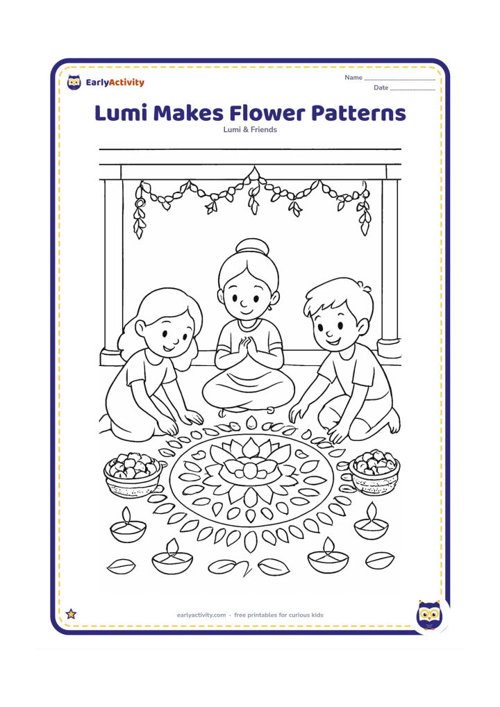 Colouring page: Lumi and two friends arrange flowers into a large circular floor decoration during a seasonal festival. Include baskets of marigolds, lotus shapes, leaves, lamps and a veranda with…