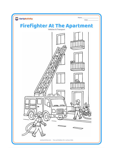 Colouring page: Draw a detailed ladder fire truck outside a tall apartment building, with a firefighter carrying a hose toward the entrance and another guiding the raised ladder. Include balconies,…