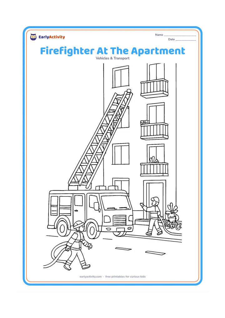 Colouring page: Draw a detailed ladder fire truck outside a tall apartment building, with a firefighter carrying a hose toward the entrance and another guiding the raised ladder. Include balconies,…