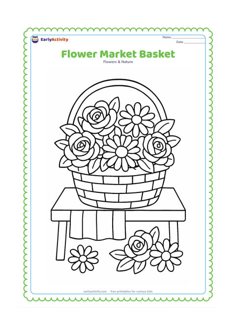Colouring page: Draw a woven basket filled with roses, daisies and leaves, resting on a simple market stall. Add a few loose blossoms beside it and a striped cloth beneath, with no signs or labels.