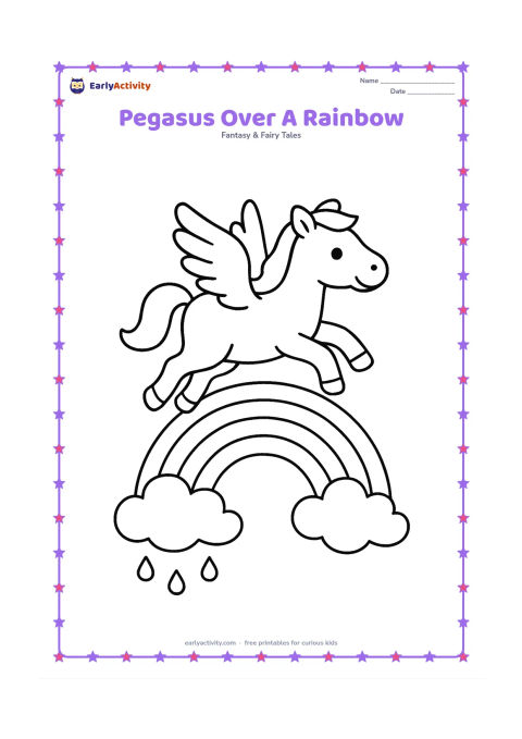 Colouring page: Show a pegasus flying gently over a broad rainbow with two large clouds below and a few round raindrops. Use a side view and a large uncluttered horse body.