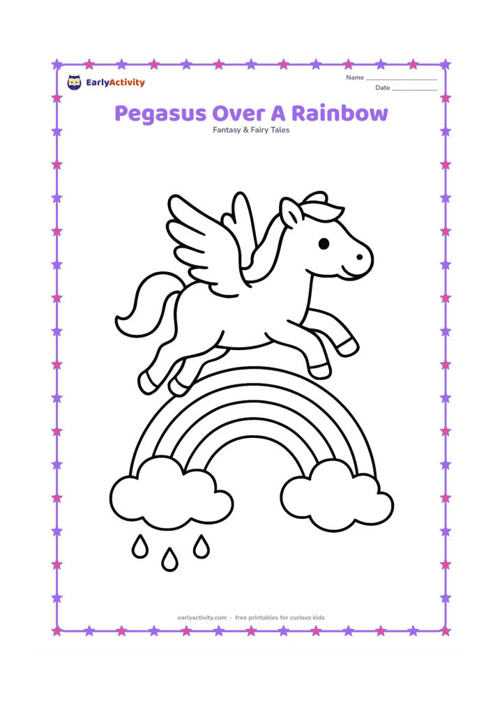 Colouring page: Show a pegasus flying gently over a broad rainbow with two large clouds below and a few round raindrops. Use a side view and a large uncluttered horse body.
