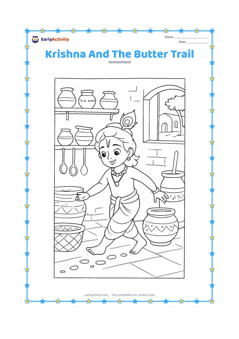 Colouring page: Draw Krishna walking on tiptoe through a village kitchen after following a trail of butter drops to a large storage pot. Include shelves with clay pots, a churn, woven baskets, hanging…