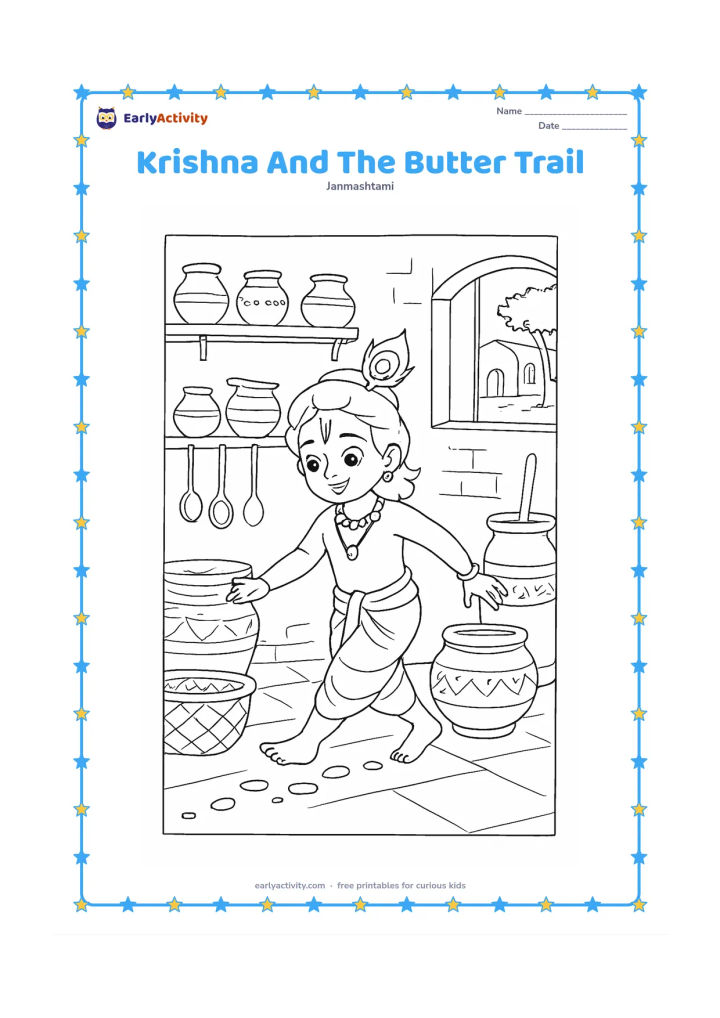 Colouring page: Draw Krishna walking on tiptoe through a village kitchen after following a trail of butter drops to a large storage pot. Include shelves with clay pots, a churn, woven baskets, hanging…