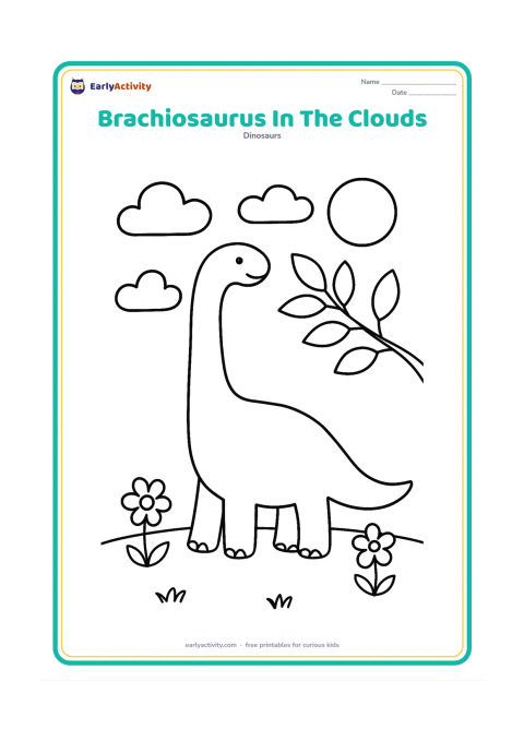 Colouring page: A tall brachiosaurus reaches toward a high leafy branch beneath three large clouds. Include a simple grassy ground line, two flowers and a large sun without facial details inside it.