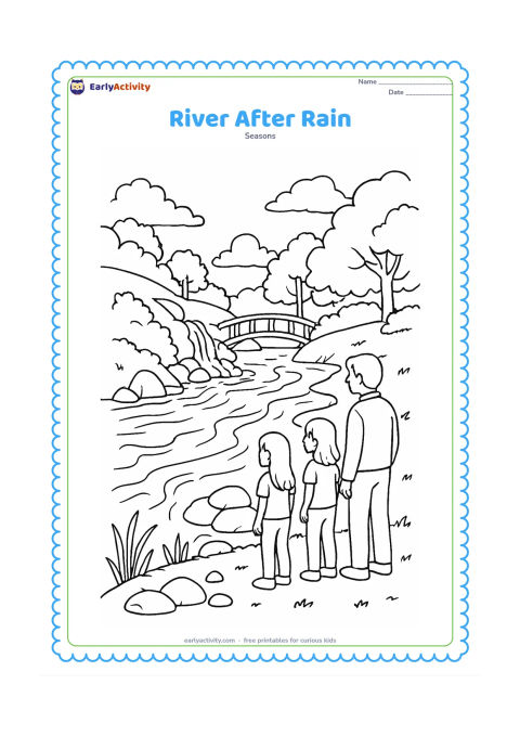 Colouring page: A wide river swells after a shower as water flows from a hillside stream into it. Show children observing safely with an adult from a dry bank, along with rocks, reeds, a simple bridge,…