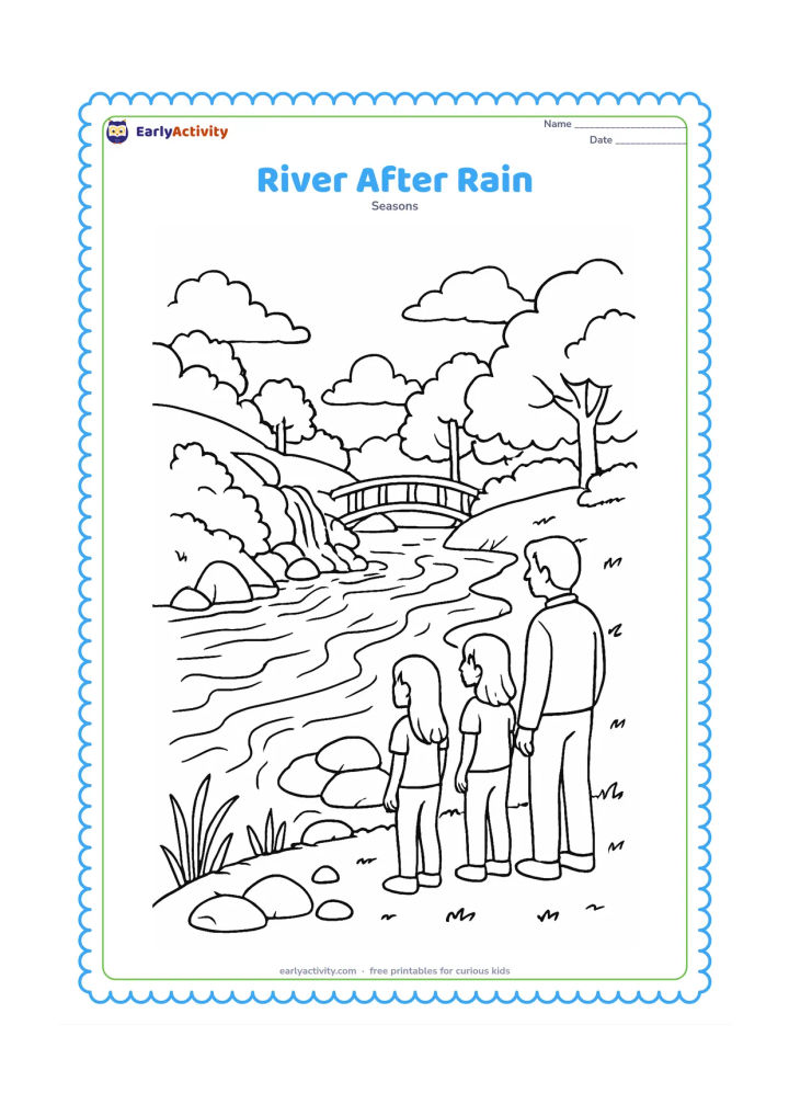 Colouring page: A wide river swells after a shower as water flows from a hillside stream into it. Show children observing safely with an adult from a dry bank, along with rocks, reeds, a simple bridge,…