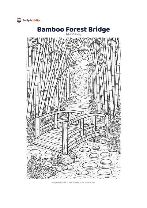 Colouring page: A narrow wooden bridge crosses a shallow stream in a bamboo forest, with tall bending bamboo, stepping stones, ferns and a sunlit path continuing into the background. Show the bridge…