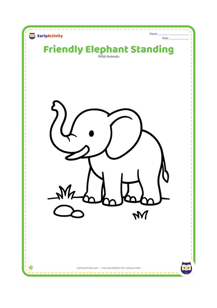 Colouring page: Draw one friendly elephant standing in side view with a raised trunk, large ears, clear tusks and four sturdy feet. Leave the ground nearly empty with only a few rounded stones and tufts…