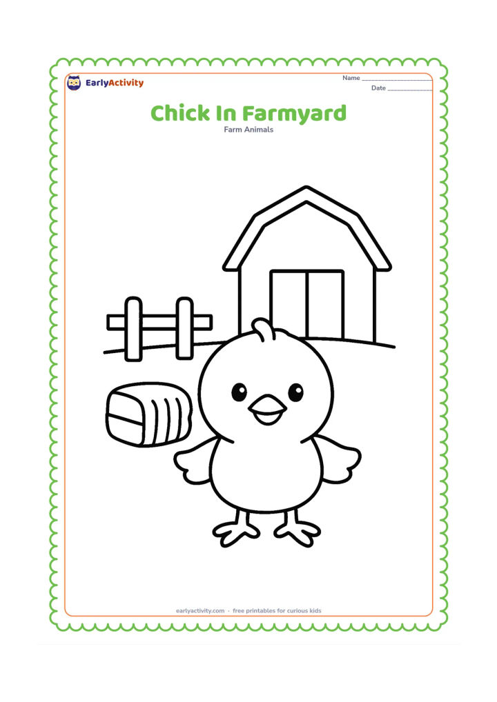 Colouring page: Draw a chick standing in a simple farmyard beside a small hay bale and a low fence. Add one large barn shape in the distance without any signs or lettering.