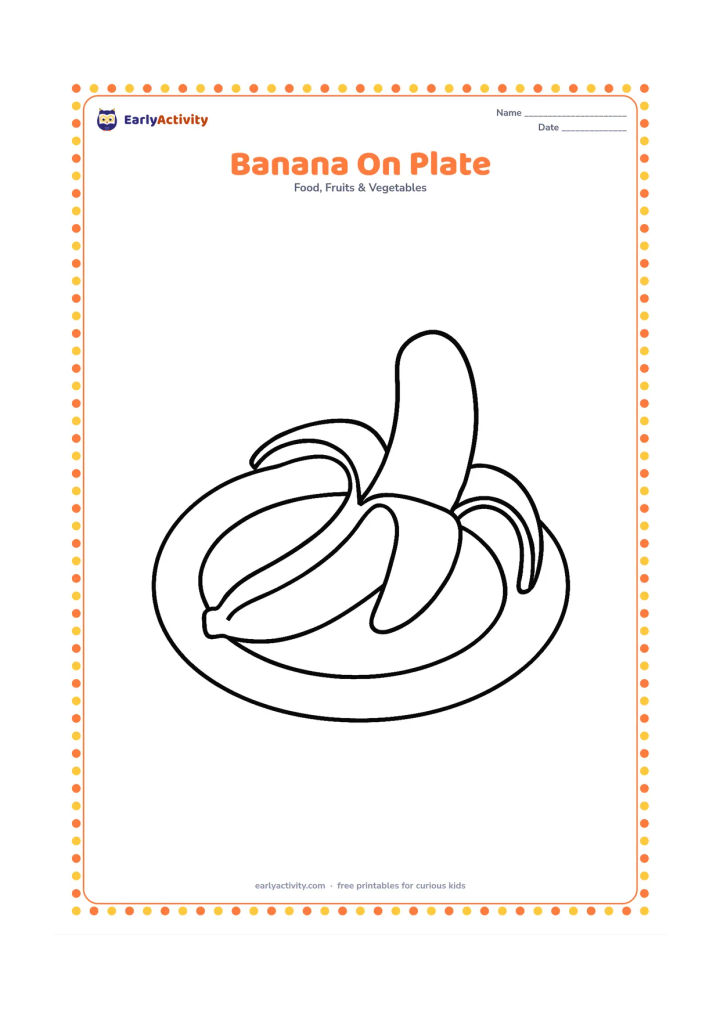 Colouring page: Draw one peeled banana lying on a plain plate, with the peel opening slightly at one end. Centre the plate and leave the surrounding area open.
