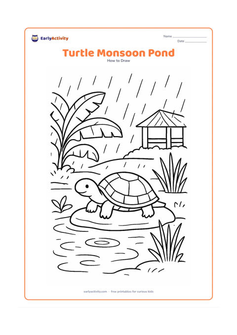 Worksheet: Draw a pond turtle resting on a flat stone beside a rain-filled pond in an Indian garden. Add banana leaves, reeds, puddle ripples and a simple covered veranda in the distance.