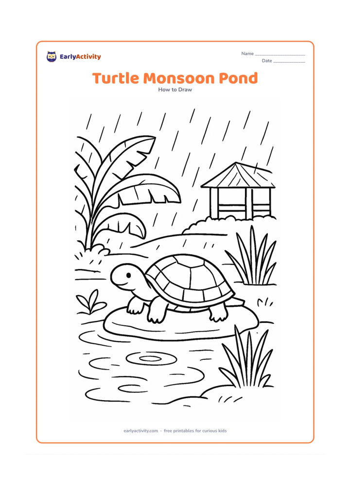 Worksheet: Draw a pond turtle resting on a flat stone beside a rain-filled pond in an Indian garden. Add banana leaves, reeds, puddle ripples and a simple covered veranda in the distance.