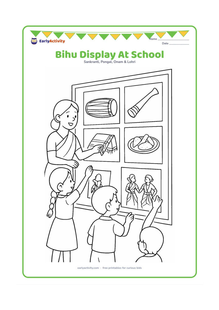 Colouring page: Draw children arranging their coloured-looking Bihu-inspired drawings on a classroom display board, with a teacher nearby. Include visible pictures of a dhol, pepa, gamosa, pitha, rice…