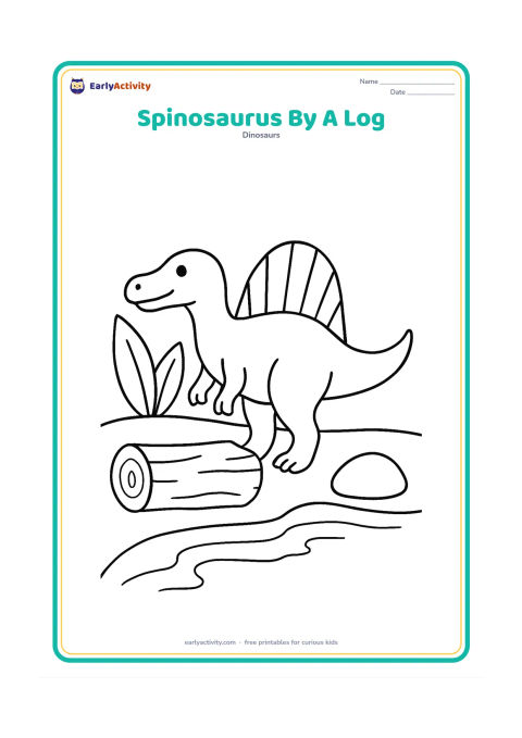 Colouring page: A Spinosaurus stands beside a large fallen log near a little stream. Include its sail, snout and tail, plus two oversized leaves and a rounded rock.