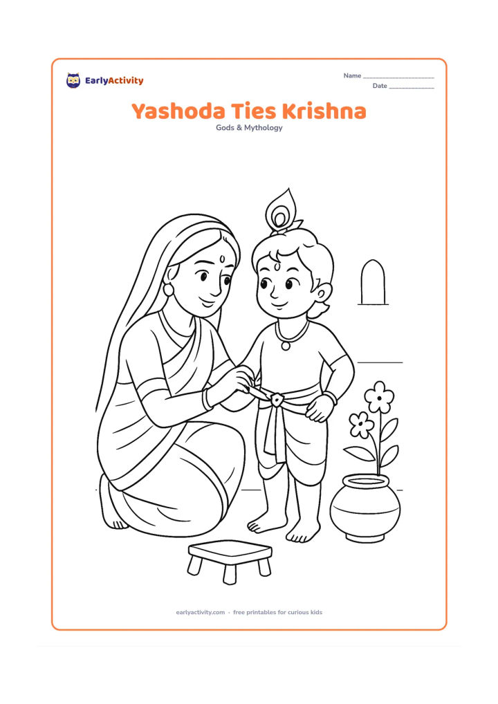 Colouring page: Mother Yashoda gently ties a small cloth sash around standing baby Krishna in a home courtyard, with a butter pot, low stool and flowering plant nearby. Show their caring interaction…