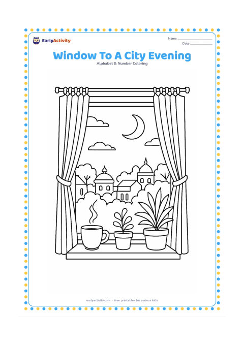 Colouring page: Draw an open apartment window at evening with curtains, a cup on the sill, potted plants, and a view of Indian rooftops, trees, and a crescent moon outside. Include gentle reflections on…