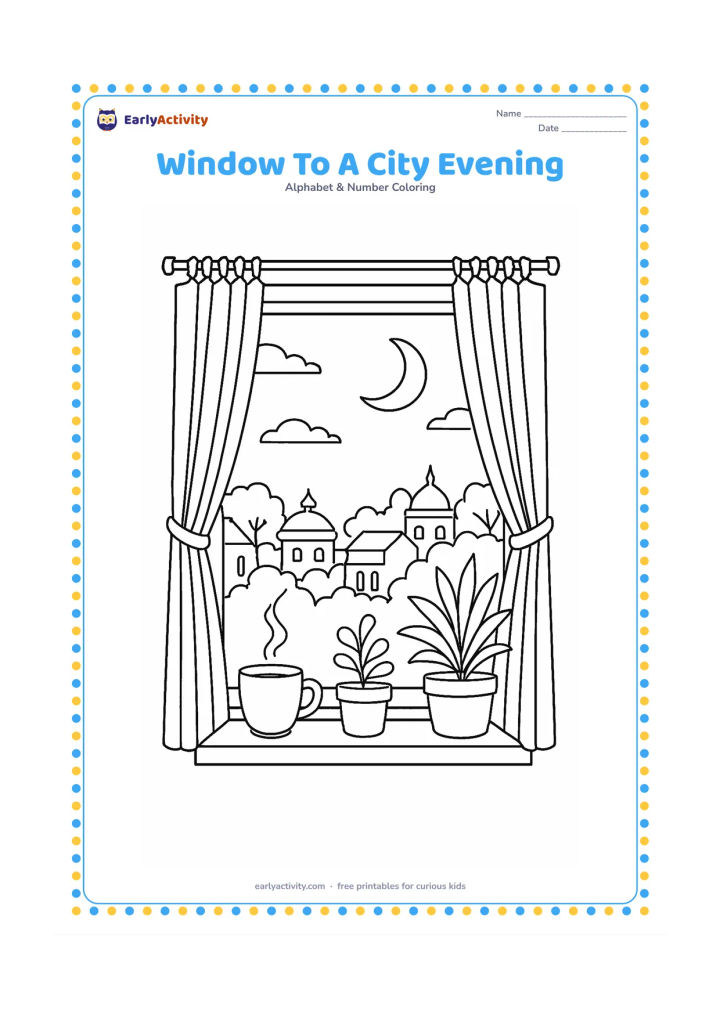 Colouring page: Draw an open apartment window at evening with curtains, a cup on the sill, potted plants, and a view of Indian rooftops, trees, and a crescent moon outside. Include gentle reflections on…