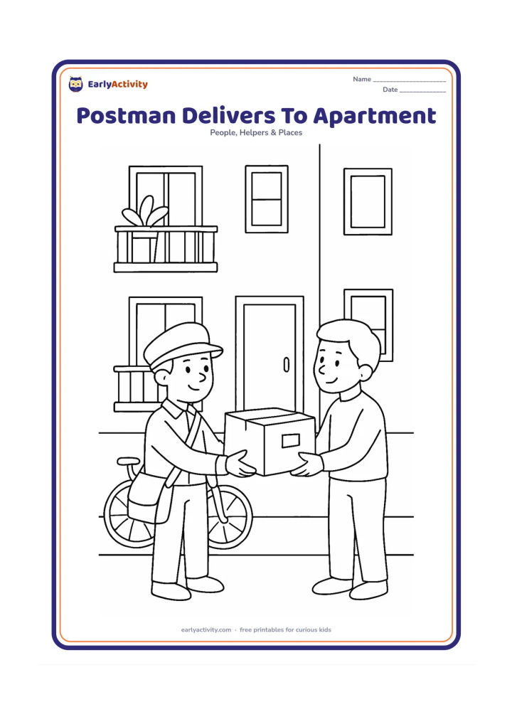 Colouring page: A postman hands a parcel to a resident in front of an apartment building entrance. Include balconies, potted plants, a bicycle and a few door shapes.