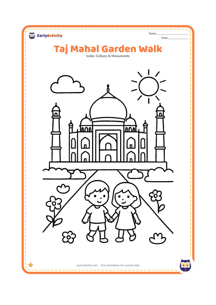 Colouring page: Draw the Taj Mahal large and centered at the end of a wide garden path, with two children walking together among a few flowering plants and simple trimmed bushes. Show the main dome,…