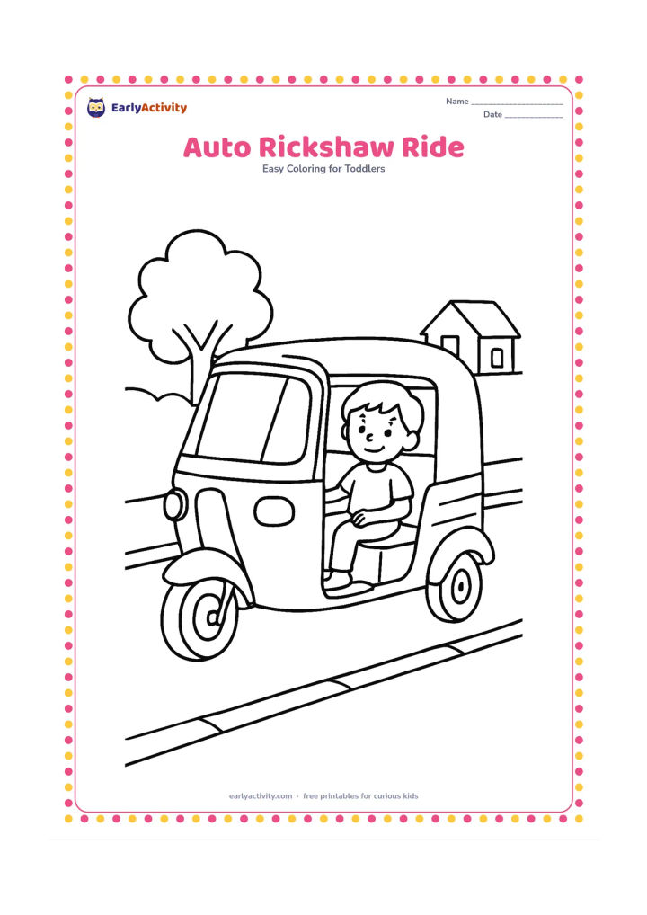 Colouring page: Draw a friendly three-wheeled auto rickshaw travelling along a simple Indian street, with one child passenger visible through the open side. Add a curb, one roadside tree, and a small…