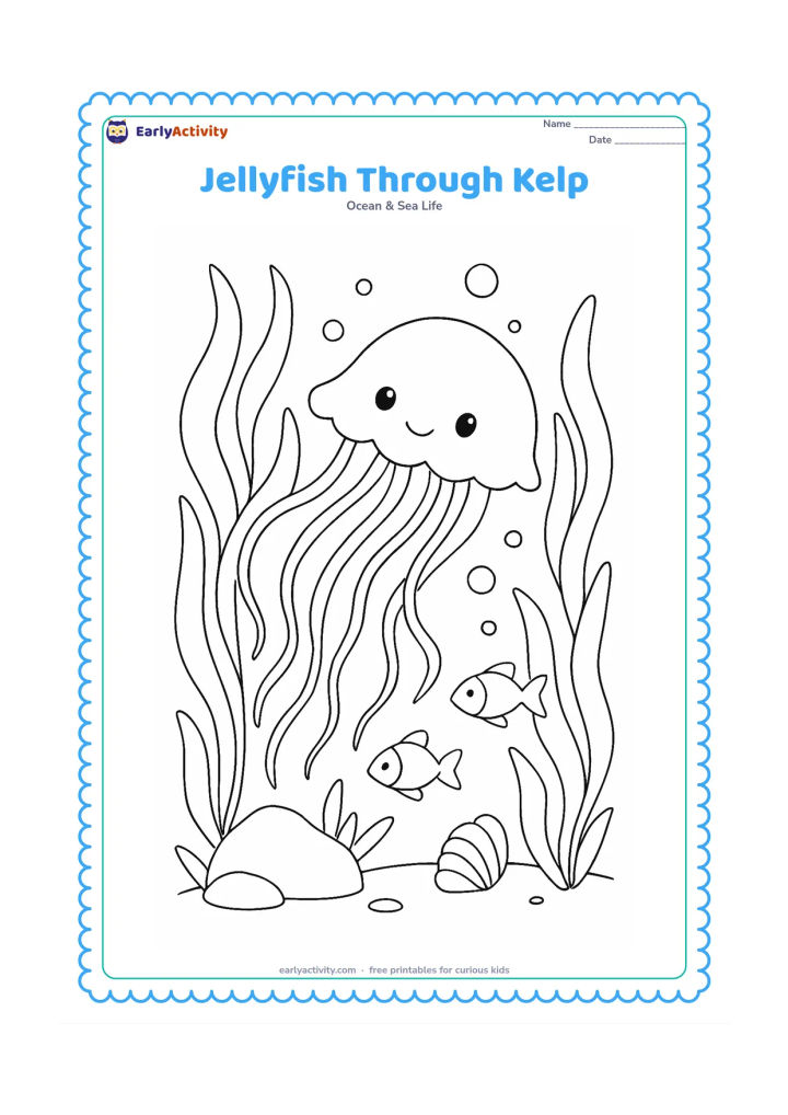 Colouring page: Draw a jellyfish moving through tall kelp fronds, with its bell angled forward and tentacles flowing behind. Include small fish, bubbles, a rock and a shell among the kelp.