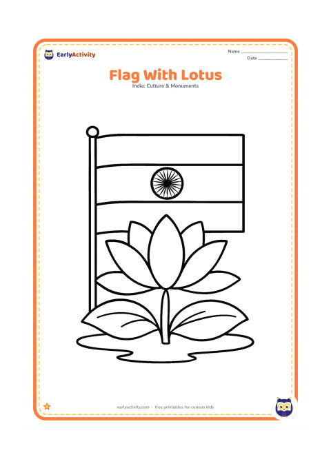 Colouring page: Draw an Indian flag behind one large lotus flower with two broad leaves, all resting on a calm pond. Show the three flag bands and central Chakra clearly.
