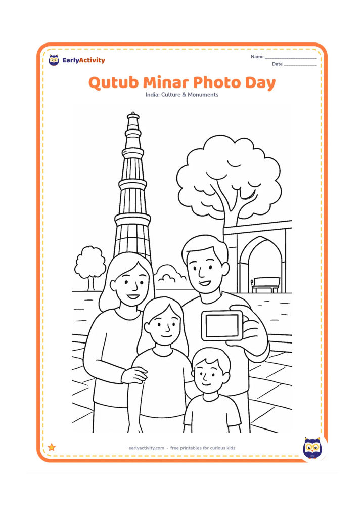 Colouring page: Show a family posing in the courtyard while one adult holds a blank camera toward Qutub Minar. Include the full tower, a tree, an arch, paving stones, and a distant bench.