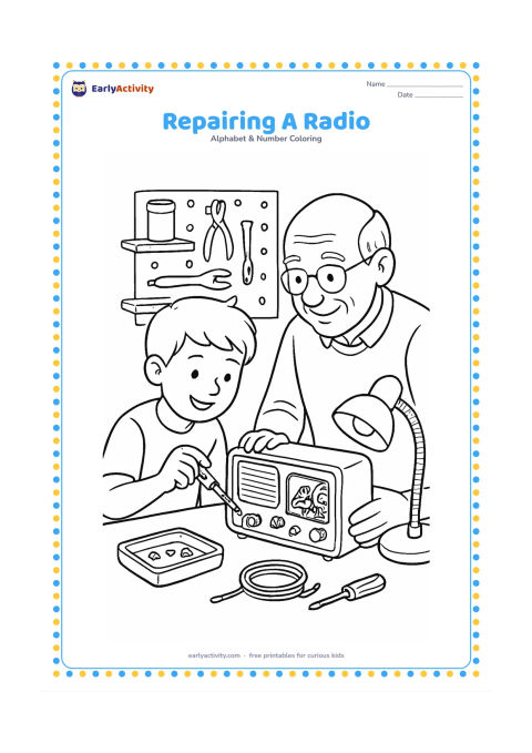 Colouring page: Draw a child and grandparent repairing a tabletop radio at a workbench, with a screwdriver, loose screws in a tray, a coil, a lamp and shelves of household tools. Keep the radio casing…