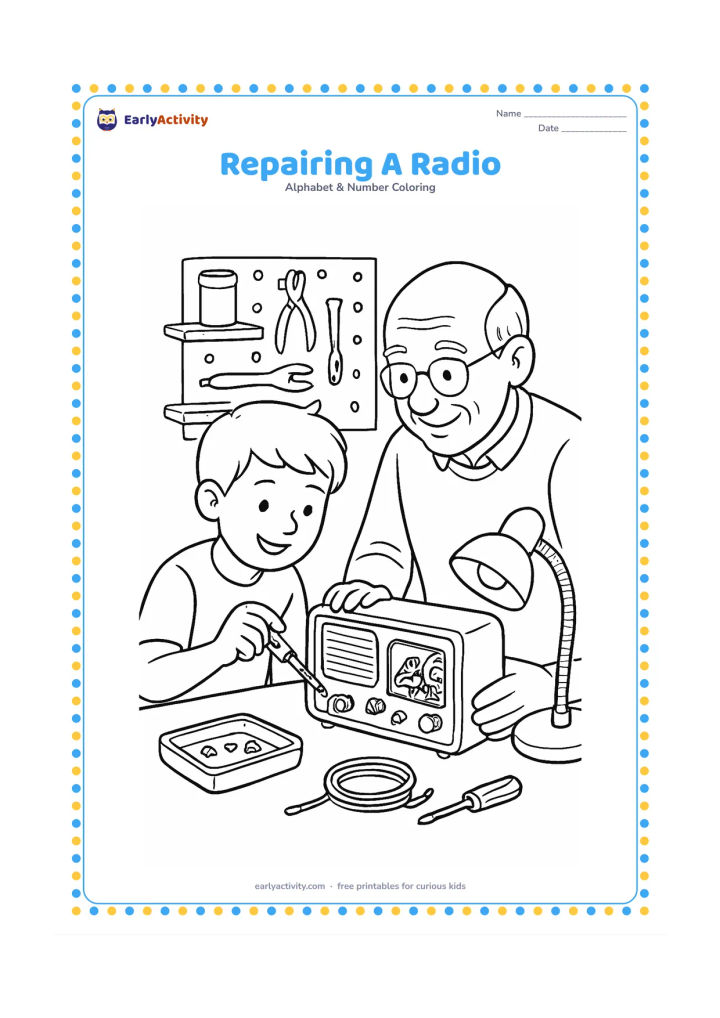 Colouring page: Draw a child and grandparent repairing a tabletop radio at a workbench, with a screwdriver, loose screws in a tray, a coil, a lamp and shelves of household tools. Keep the radio casing…