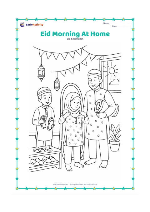Colouring page: A family prepares to leave for Eid prayer in a decorated Indian home: one child adjusts festive clothes, another holds sandals, and an adult carries a prayer mat. Show a mirror, shoe…