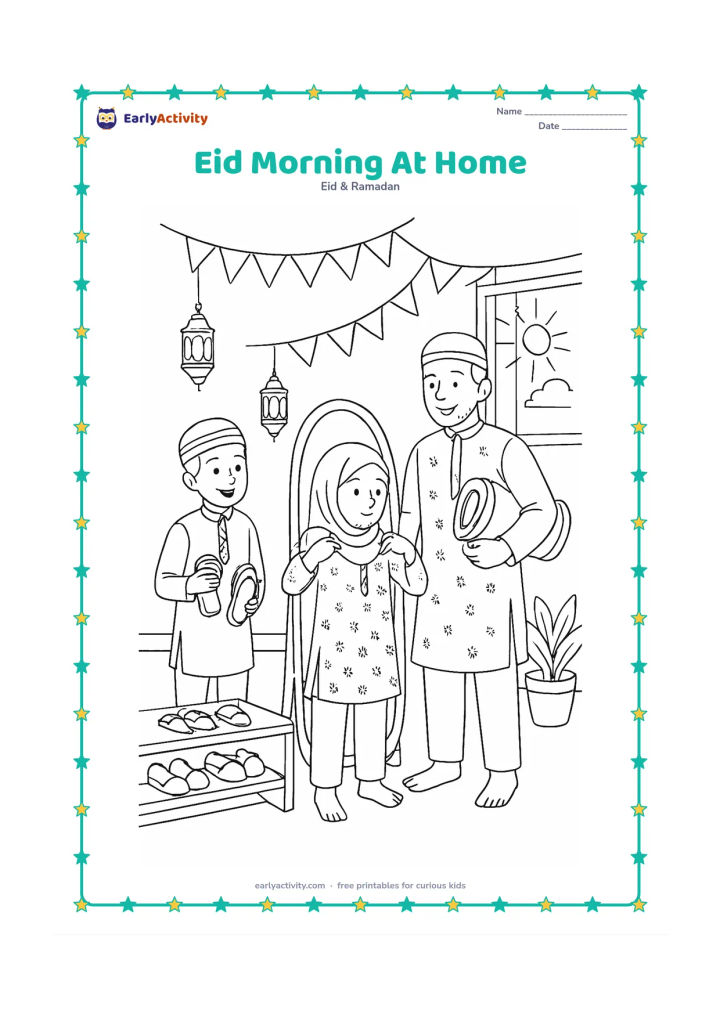Colouring page: A family prepares to leave for Eid prayer in a decorated Indian home: one child adjusts festive clothes, another holds sandals, and an adult carries a prayer mat. Show a mirror, shoe…