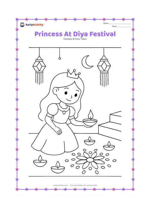 Colouring page: Draw a princess placing a diya on a decorated courtyard step during an evening celebration. Include several unlit diyas, a simple rangoli made of dots and petals, hanging lanterns, and a…