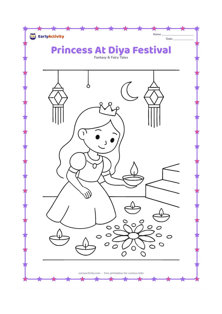 Colouring page: Draw a princess placing a diya on a decorated courtyard step during an evening celebration. Include several unlit diyas, a simple rangoli made of dots and petals, hanging lanterns, and a…