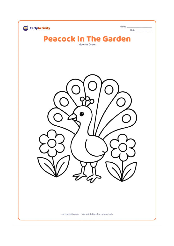 Worksheet: A standing peacock with a rounded body, curved neck and open fan tail beside two large flowers and three broad leaves. Place the bird centrally with the plants low on both sides.