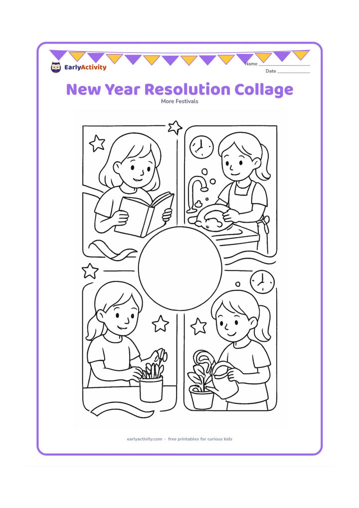 Colouring page: Arrange separate illustrated panels around a central blank circle: a child reading, helping wash dishes, tidying pencils and watering a plant. Surround the panels with stars, ribbons and…