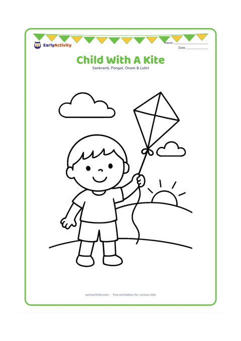Colouring page: A happy child standing in a simple open field and holding a diamond-shaped kite by its string, with a low sun and two clouds behind.