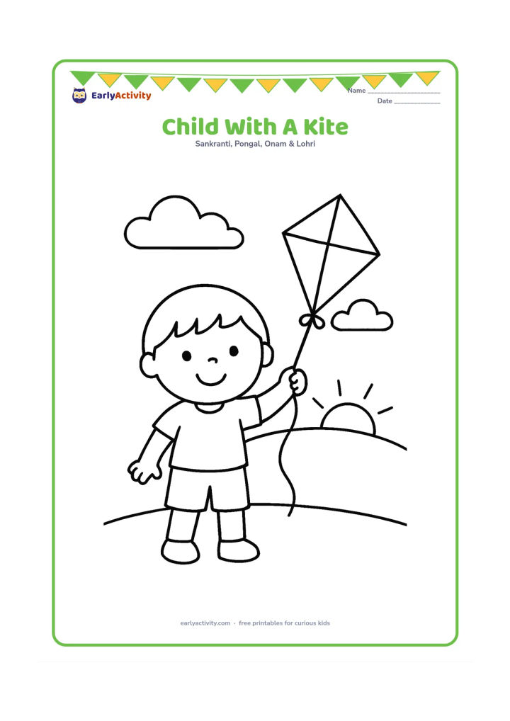 Colouring page: A happy child standing in a simple open field and holding a diamond-shaped kite by its string, with a low sun and two clouds behind.