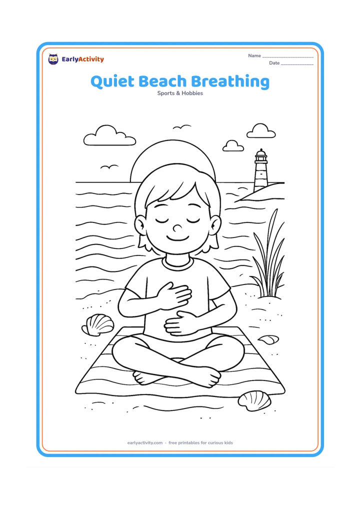 Colouring page: A child sits cross-legged on a beach mat with hands on the chest and tummy while curved lines suggest slow breaths. Add seashells, gentle waves, a lighthouse in the distance, beach grass…
