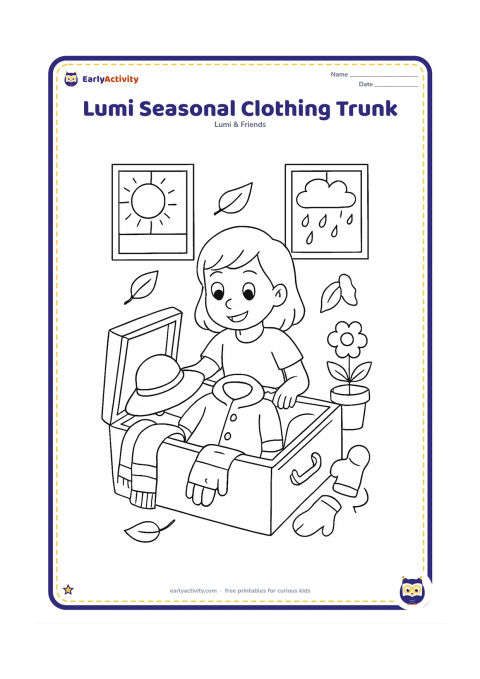 Colouring page: Lumi opens a large trunk filled with clothing for different weather: a sun hat, raincoat, scarf, mittens and light cotton clothes. Around Lumi, show a sunny window, a rainy window,…