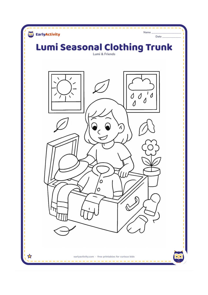 Colouring page: Lumi opens a large trunk filled with clothing for different weather: a sun hat, raincoat, scarf, mittens and light cotton clothes. Around Lumi, show a sunny window, a rainy window,…
