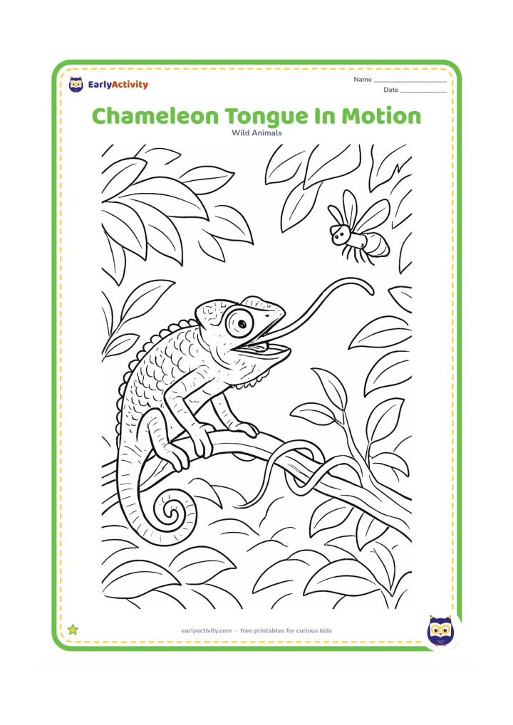 Colouring page: A chameleon launches its long sticky tongue toward a flying insect across a leafy forest gap. Include a detailed head, open mouth, layered scales, gripping feet and a branch twisted with…