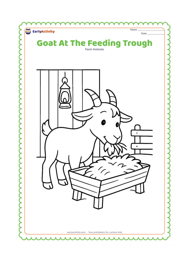 Colouring page: Draw a goat leaning over a wooden feeding trough filled with hay, with its lips and front teeth near the hay. Include a barn wall, one hanging lantern, and a small fence section.