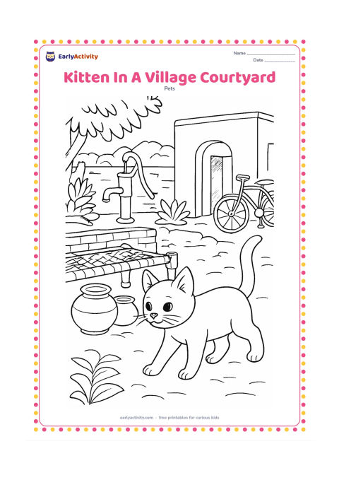 Colouring page: A kitten walks through an Indian village courtyard beside a woven cot, clay pots, a hand pump, leafy plants and a low textured wall. Include a shaded doorway and a bicycle in the background.