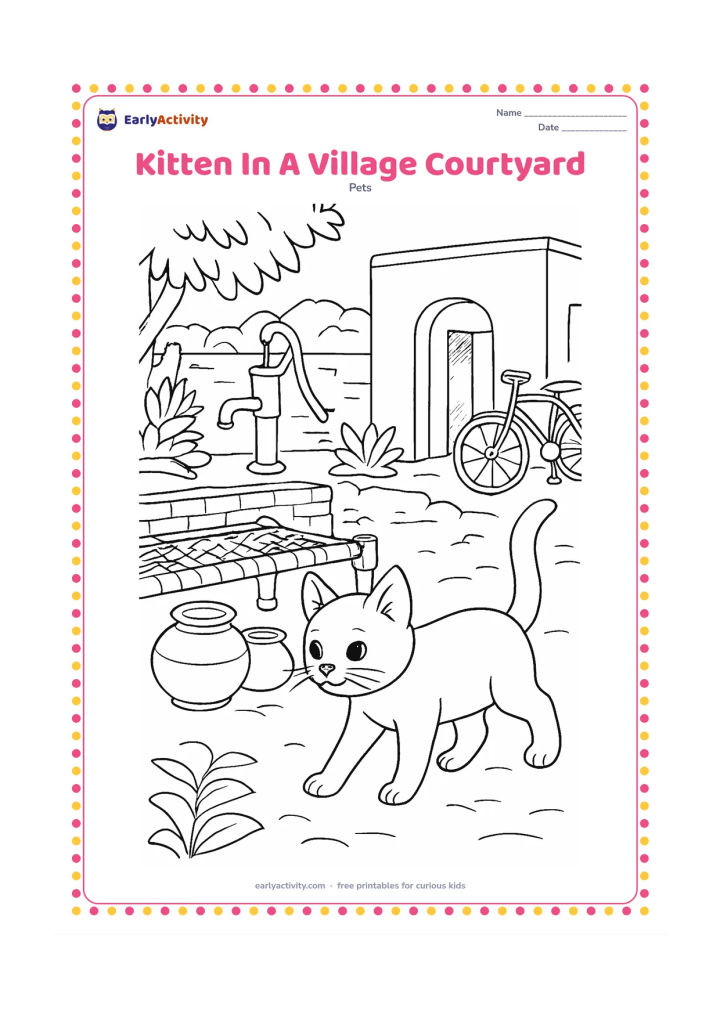 Colouring page: A kitten walks through an Indian village courtyard beside a woven cot, clay pots, a hand pump, leafy plants and a low textured wall. Include a shaded doorway and a bicycle in the background.